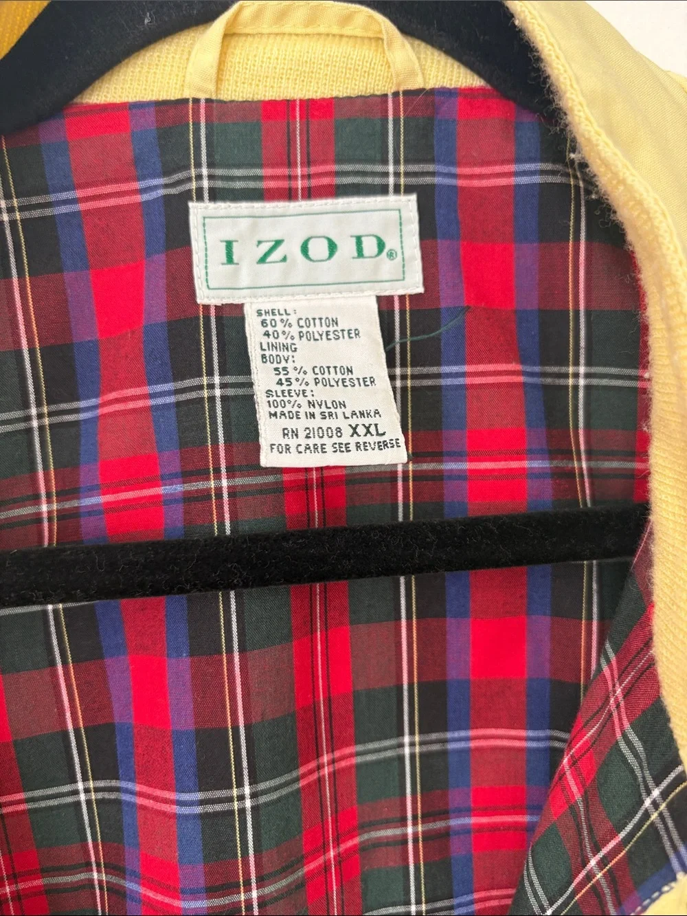 Izod Pale Yellow Bomber Jacket with Tartan Lining